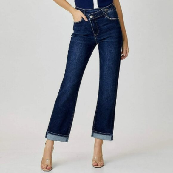 Risen Jeans High Rise Cross Over Straight Leg Dark Wash Jeans - Picture 1 of 7